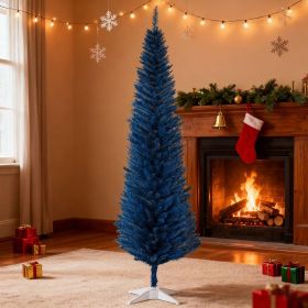 7FT Decorated Christmas Tree, Pencil Christmas Tree with 499 Realistic Branch Tips and Plastic Stand, Blue