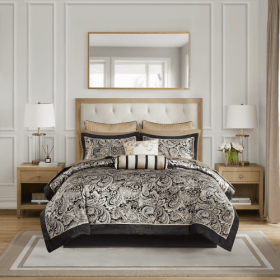 12 Piece Comforter Set With Cotton Bed Sheets Black Queen (Color: Black)