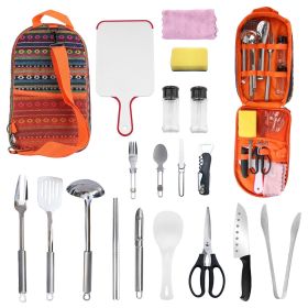 19Pcs Camping Cooking Utensil Kit Portable Picnic Cookware Outdoor Kitchen Equipment Gear Campfire Barbecue Appliances With Storage Bag (Color: Orange)