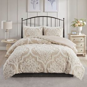 3 Piece Tufted Cotton Chenille Damask Duvet Cover Set (Color: as Pic)