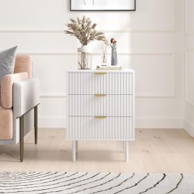 WOODEEM Fluted Black Nightstand 3 Drawers, 19" Small Bedroom 26" Tall Bedside Night Stand, Mid Century Modern Bed Side Couch End Table Living Roo (Color: White)