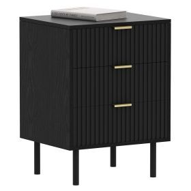 WOODEEM Fluted Black Nightstand 3 Drawers, 19" Small Bedroom 26" Tall Bedside Night Stand, Mid Century Modern Bed Side Couch End Table Living Roo (Color: Black)